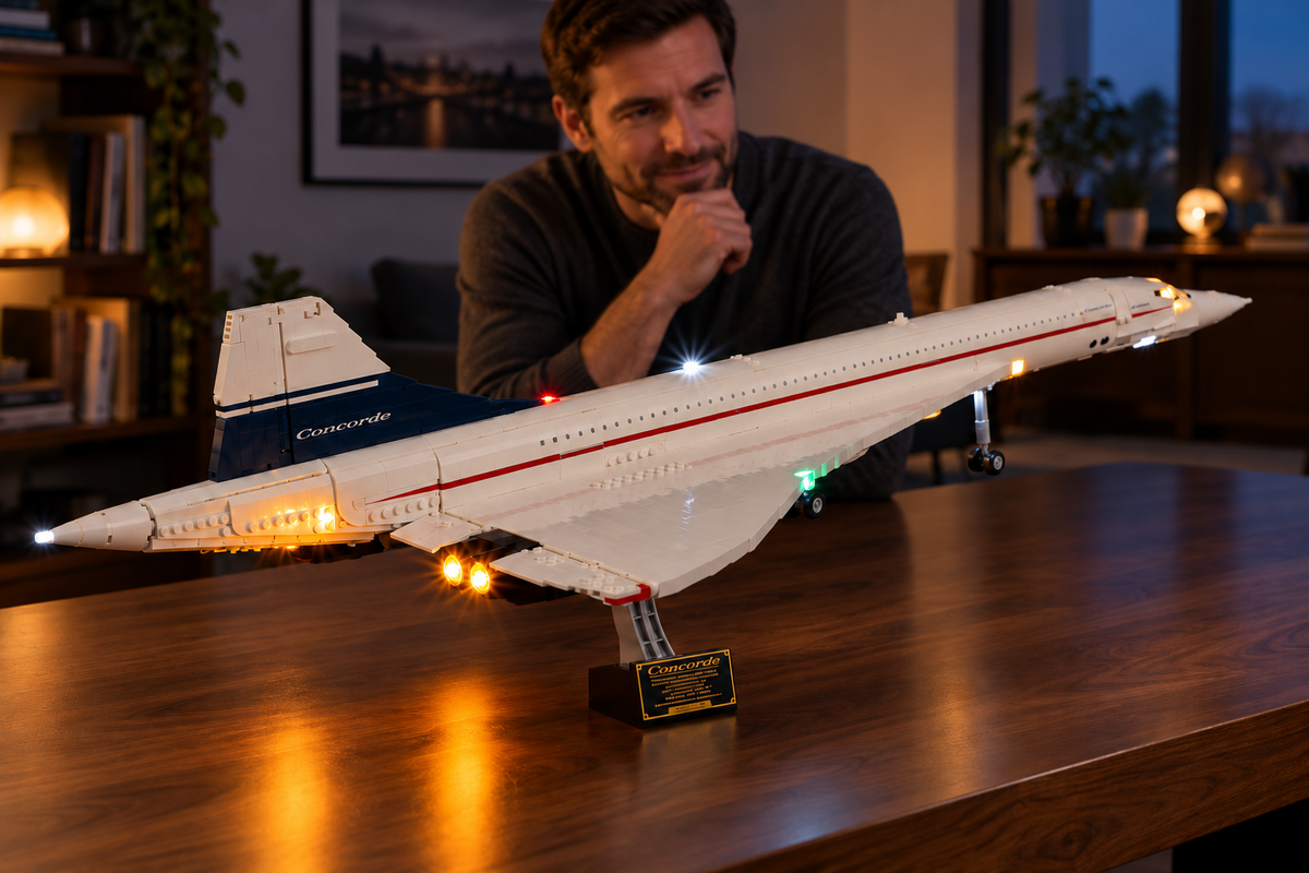 A person admiring a LEGO® Concorde 10318 display with Game of Bricks lighting in a softly lit room.