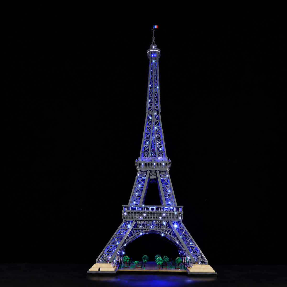 Actual LEGO® Eiffel Tower 10307 with the additional lattice accents and blue Standard lighting layout.