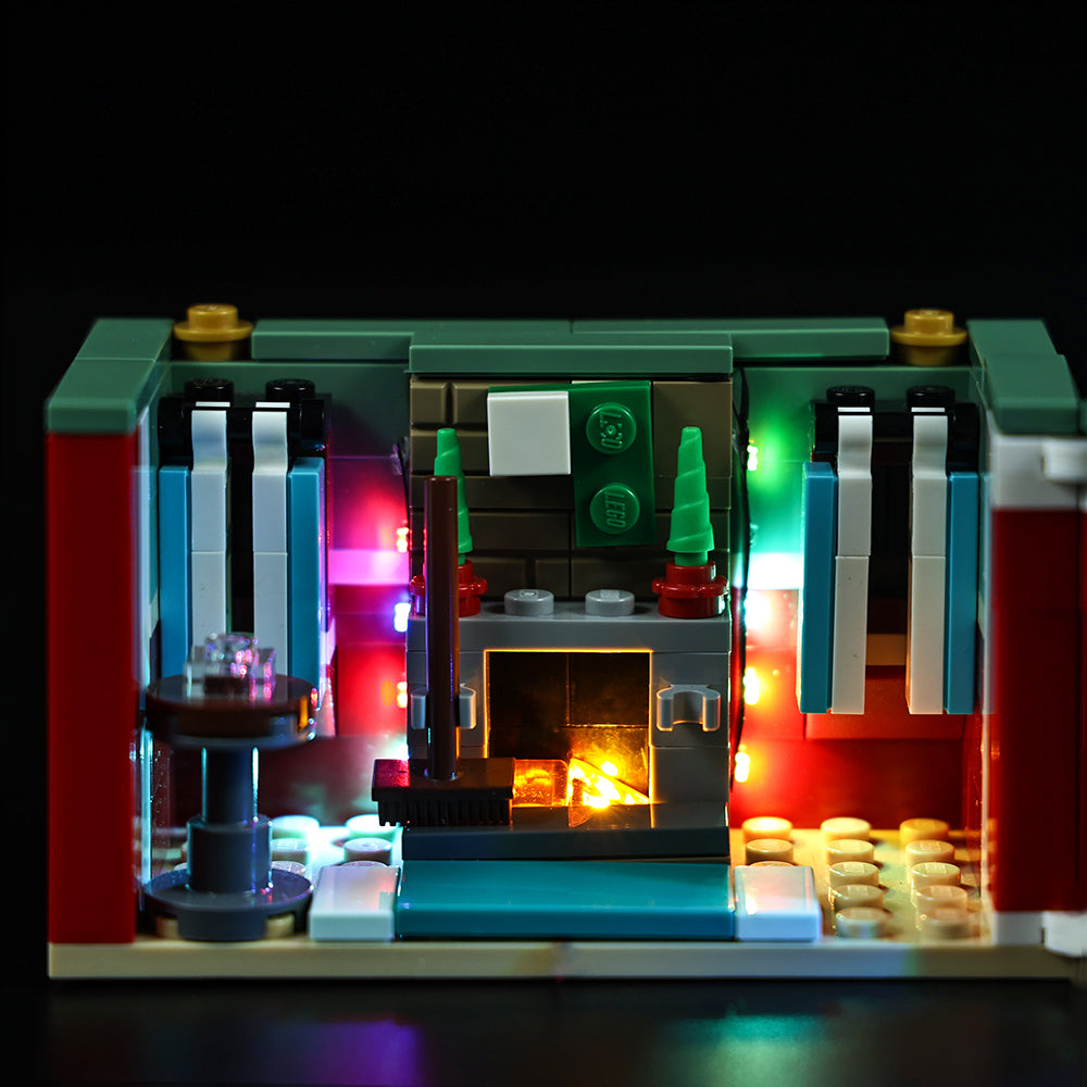 Light Kit for LEGO® Buildable Holiday Present 40292 - close-up of the glowing fireplace