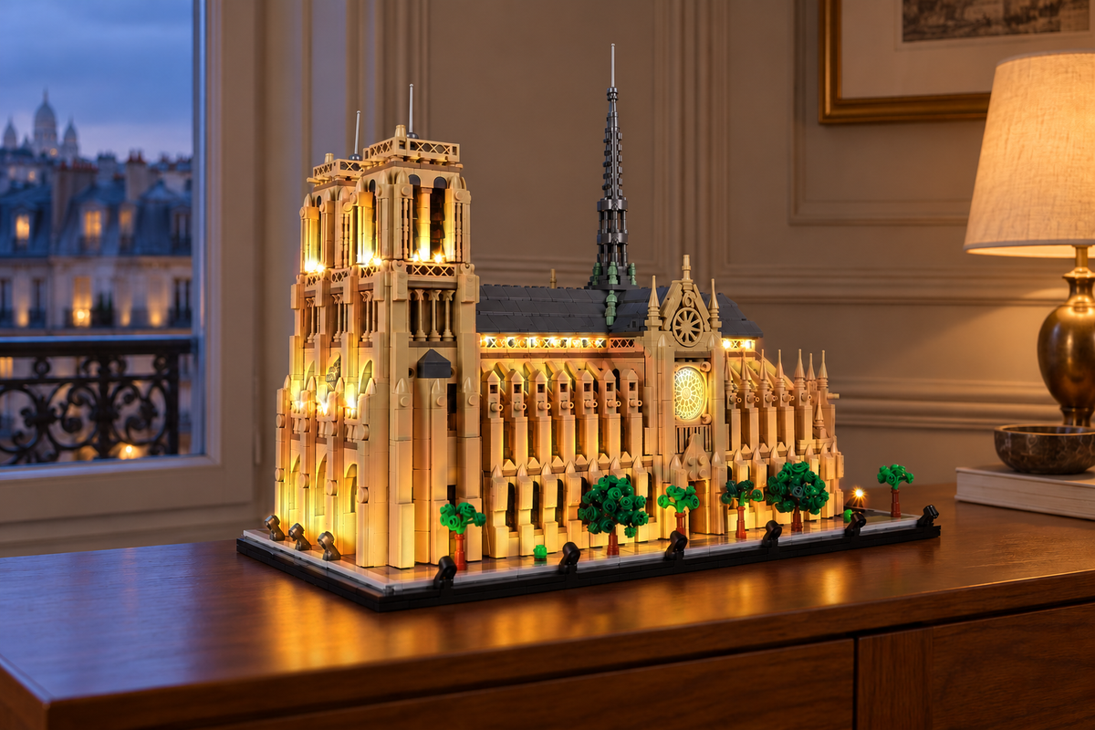 LEGO® Notre-Dame de Paris 21061 with the Game of Bricks light kit displayed in a Parisian-inspired room, with matching framing as the kit lights switch on and off.