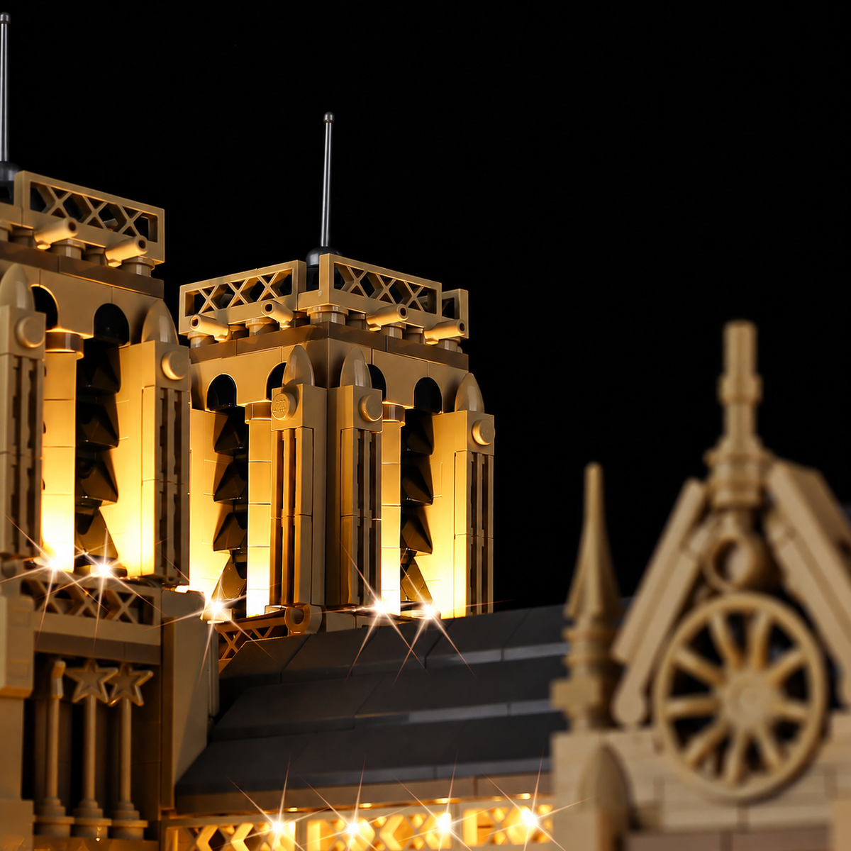 Illuminated LEGO® Notre-Dame de Paris 21061 architectural detail: Above the city.