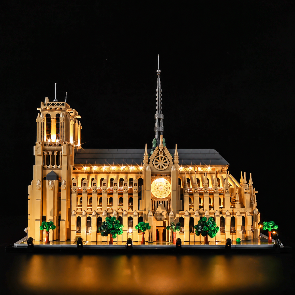 LEGO® Notre-Dame de Paris 21061 with the Game of Bricks light kit, the long view.