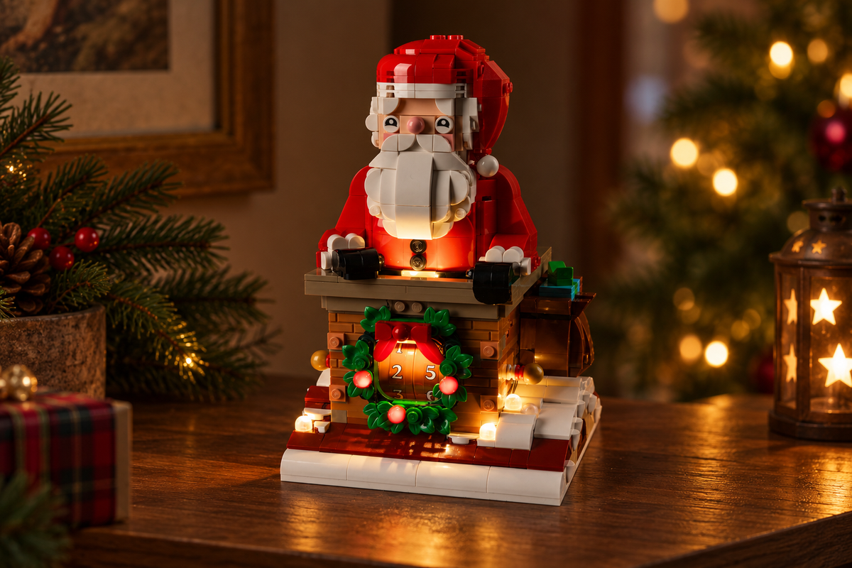 LEGO® Santa’s Holiday Countdown 40874 with the real Game of Bricks lighting in a softly dim Christmas room, without people.