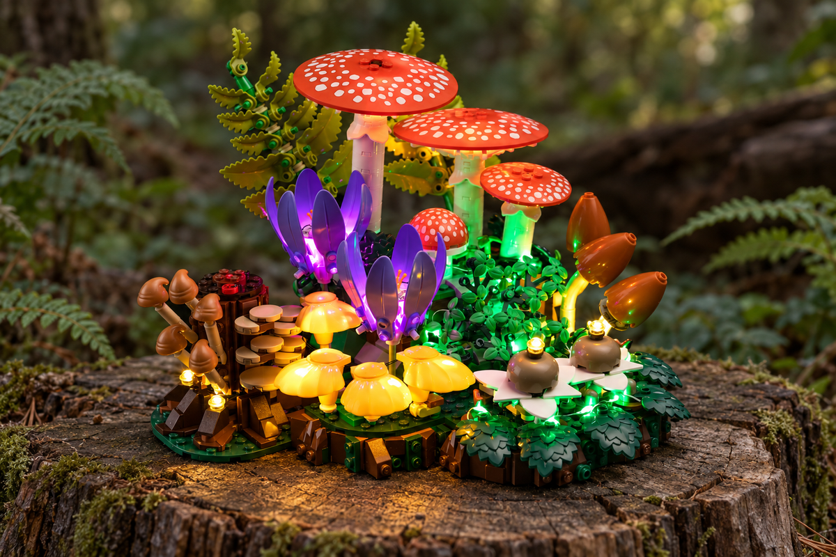 LEGO® Woodland Mushrooms 11505 with the Game of Bricks Classic light kit in a decorative dry woodland setting.