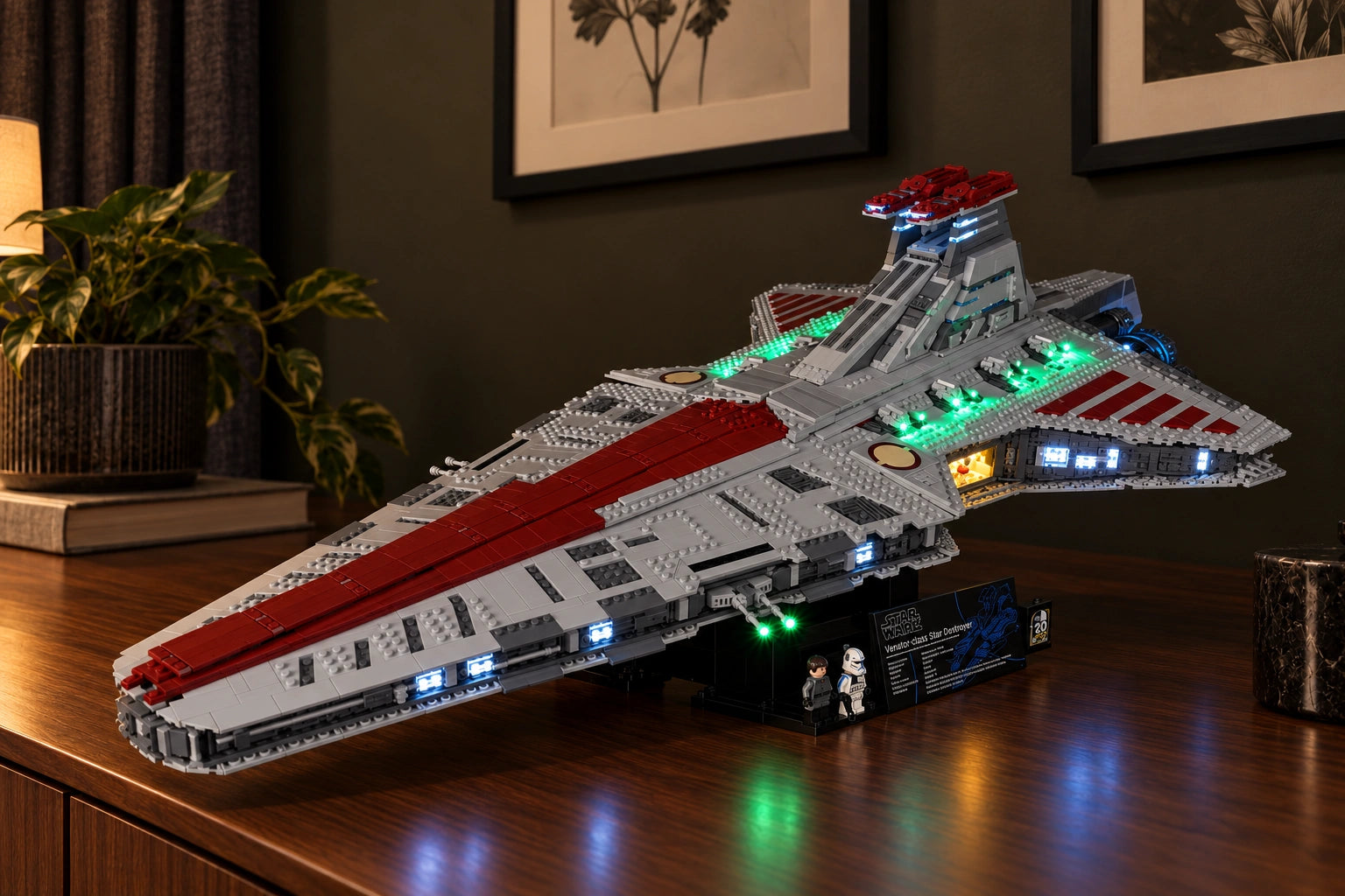 Light Kit for LEGO® Venator-Class Republic Attack Cruiser 75367 — enhanced lights on in a home display