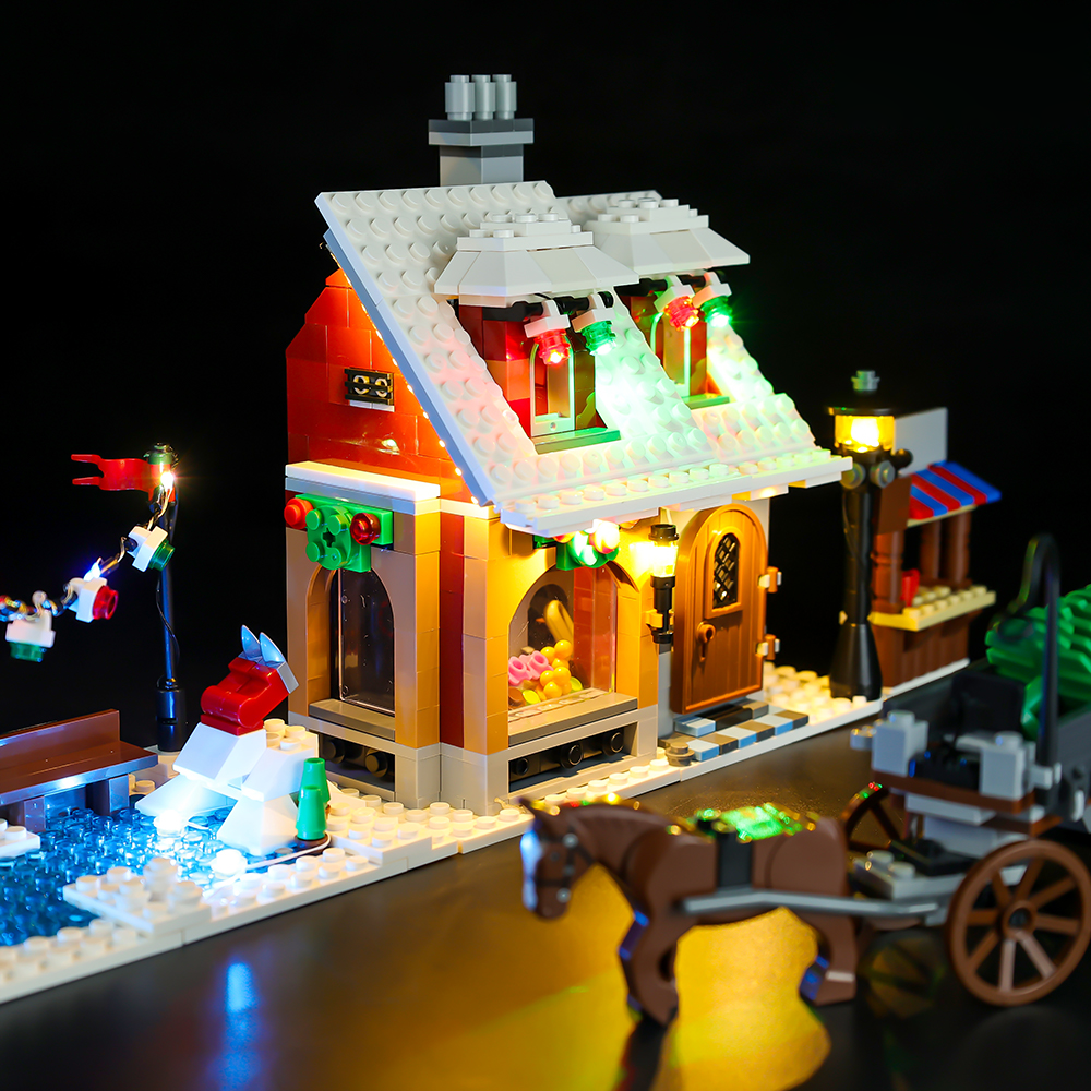 Light Kit for LEGO® Winter Village Bakery 10216 - angled view of illuminated bakery