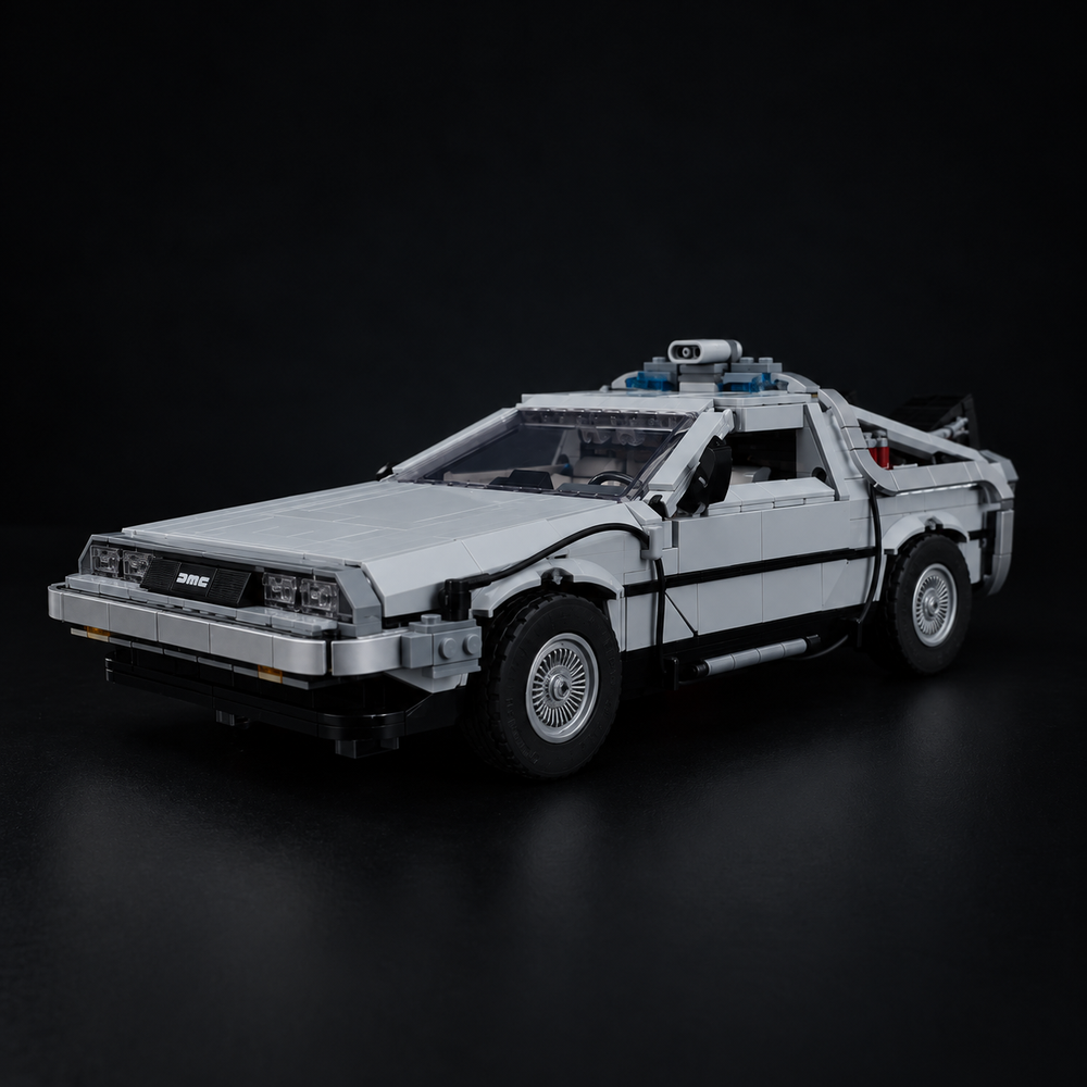 LEGO® Back to the Future Time Machine 10300 with Game of Bricks lighting switched off, matching the main product view on a black studio background.