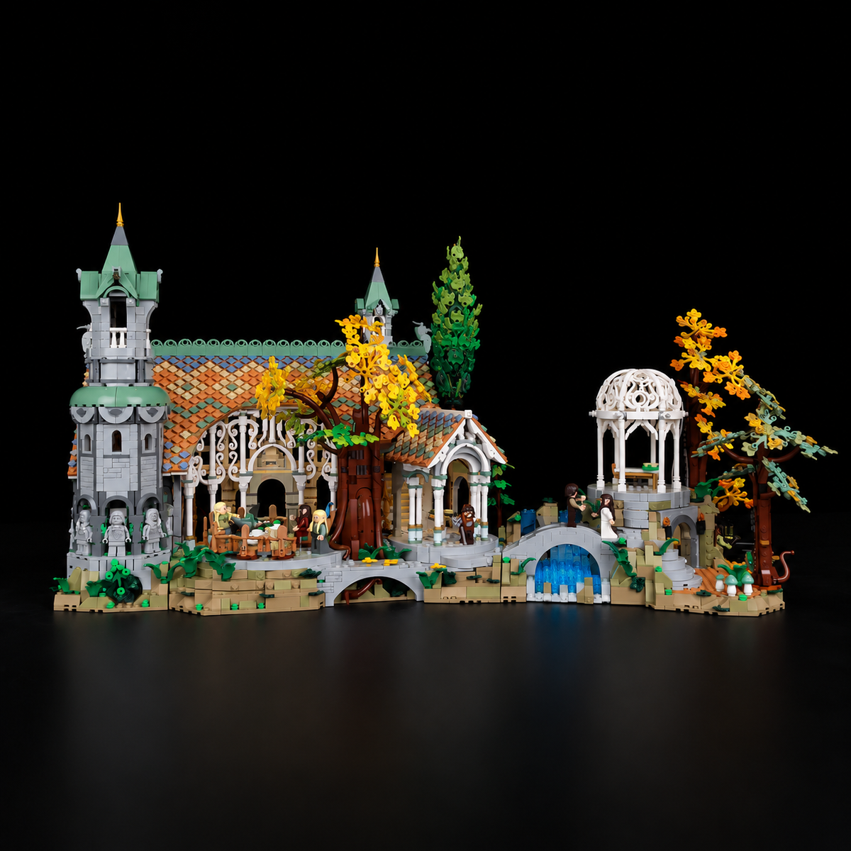 LEGO® The Lord of the Rings: Rivendell 10316 with Game of Bricks lighting switched off, matching the main product view on a black studio background.