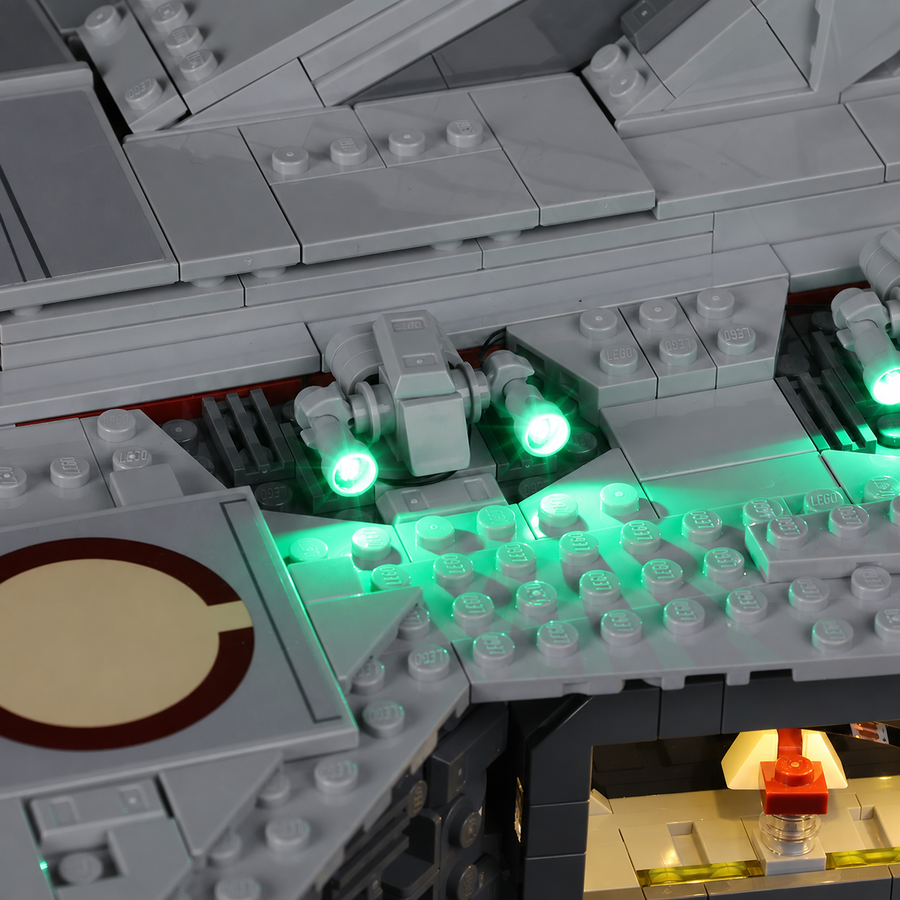 Light Kit for LEGO® Venator-Class Republic Attack Cruiser 75367 — green-lit guns above a warm-lit hangar