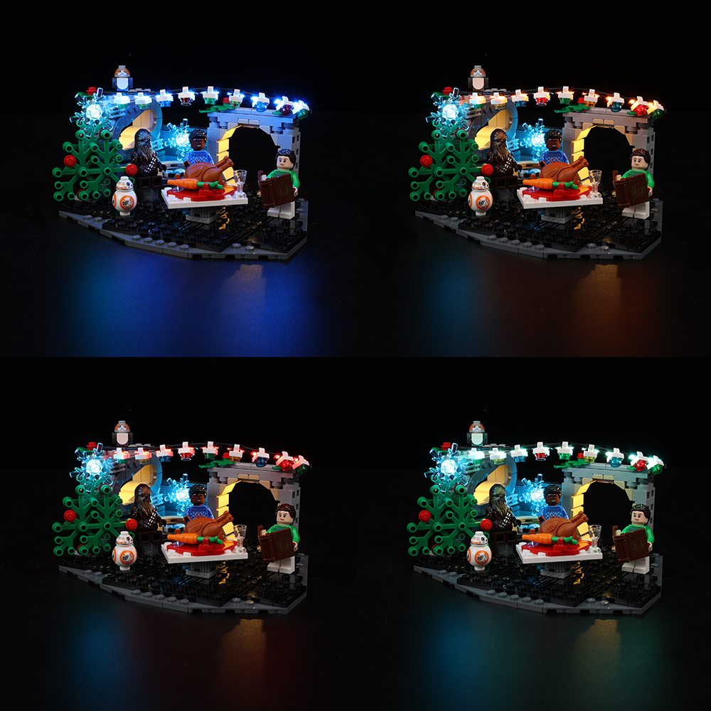 Light Kit for LEGO® Millennium Falcon Holiday Diorama 40658 - four-view lighting comparison
