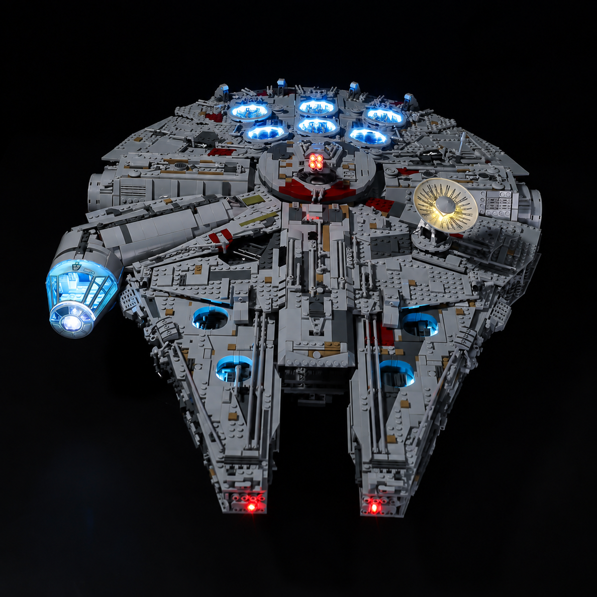 Overhead front view of LEGO Millennium Falcon 75192 showing illuminated vents, cockpit and front mandibles.