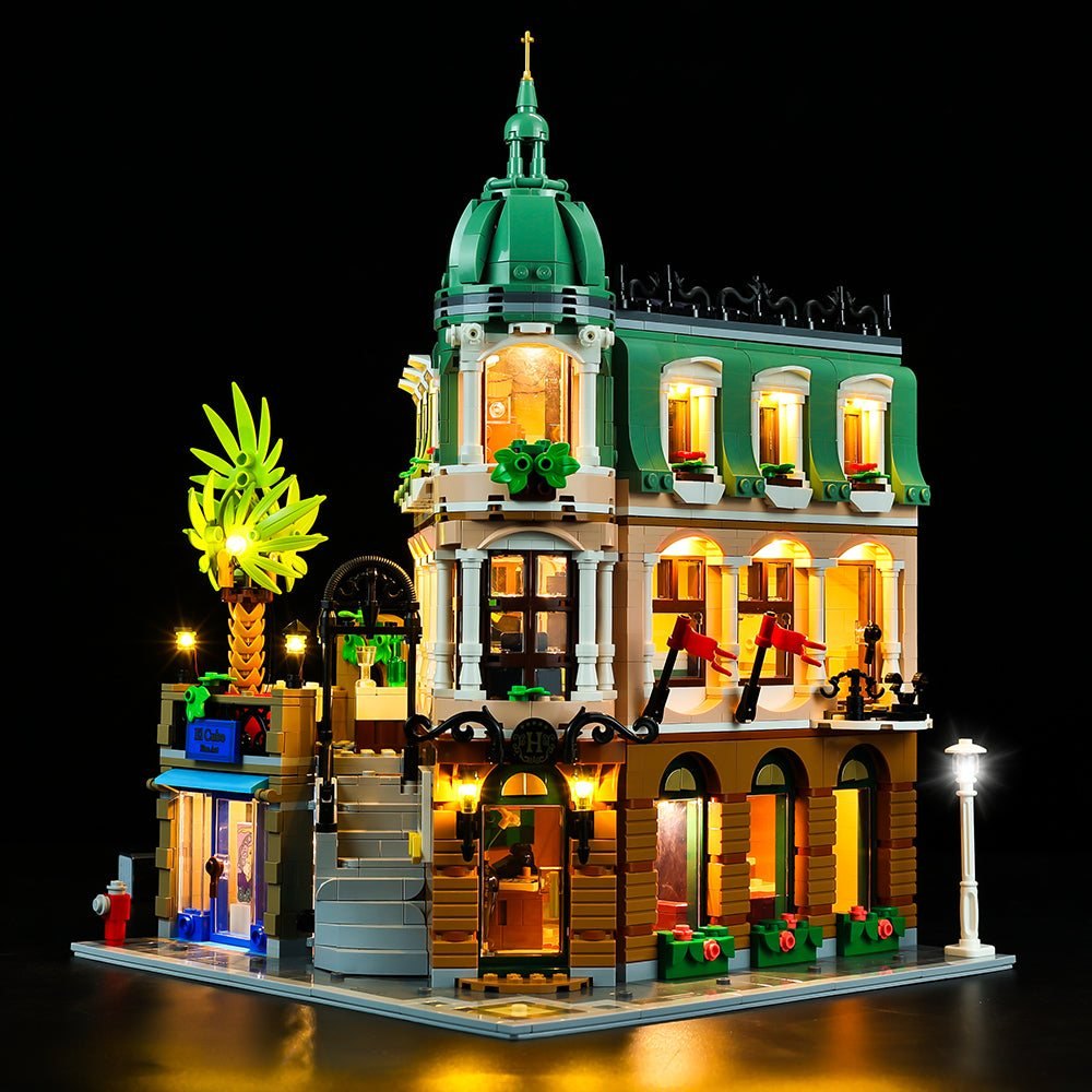 LEGO® Boutique Hotel 10297 lit with its Game of Bricks light kit