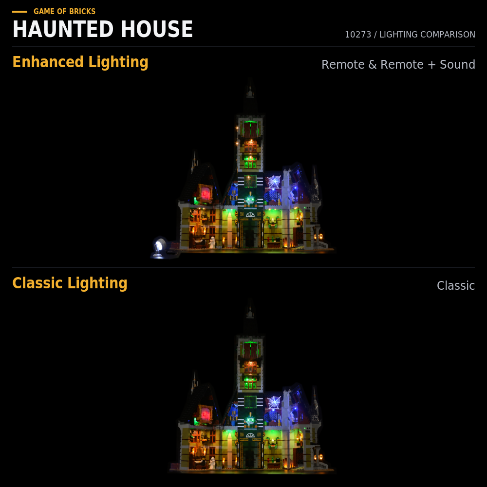 LEGO® Haunted House 10273 light kit comparison: Enhanced Lighting for Remote and Remote + Sound versions (top), Classic Lighting for Classic version (bottom), interior attraction view.