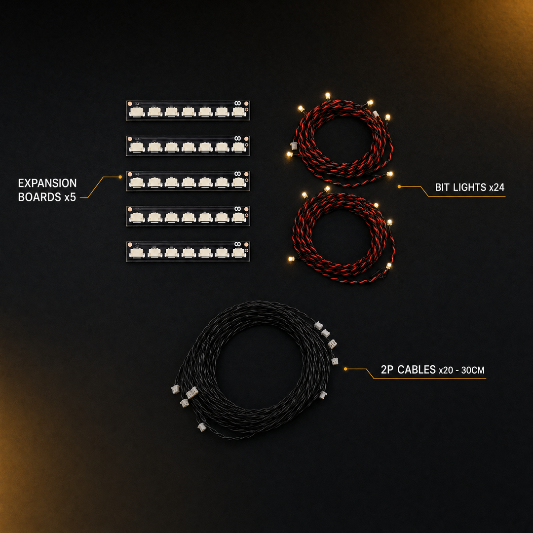 What's inside the Lighting Expansion Pack — Expansion Boards x5, Bit Lights x24, 2P Cables x20 (30cm)