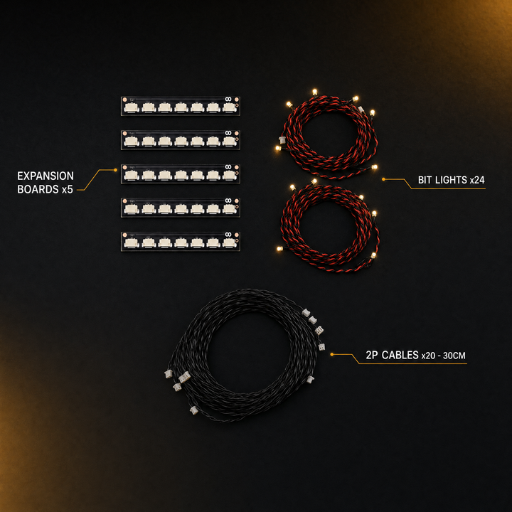 What's inside the Lighting Expansion Pack — Expansion Boards x5, Bit Lights x24, 2P Cables x20 (30cm)