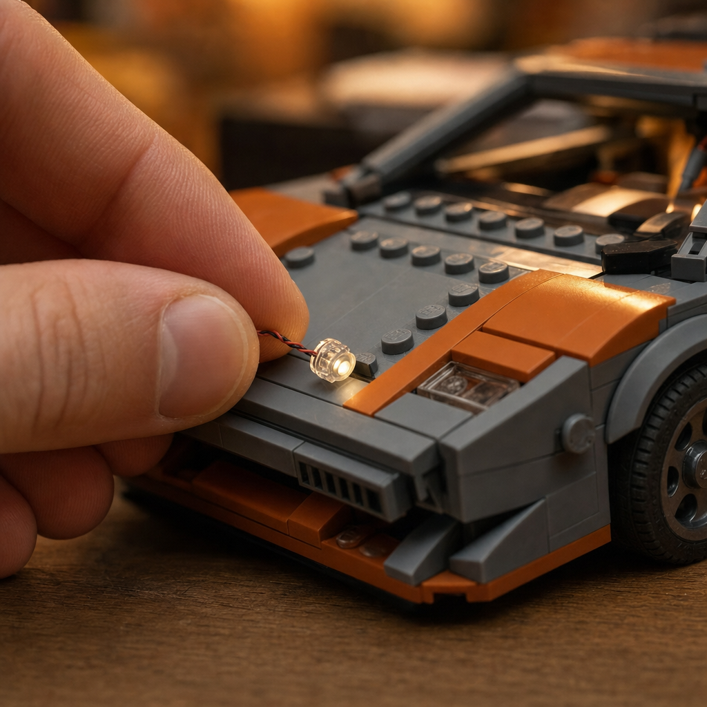 Placing a bit light into the headlight — tiny LED in a clear stud cap on ultra-thin wire