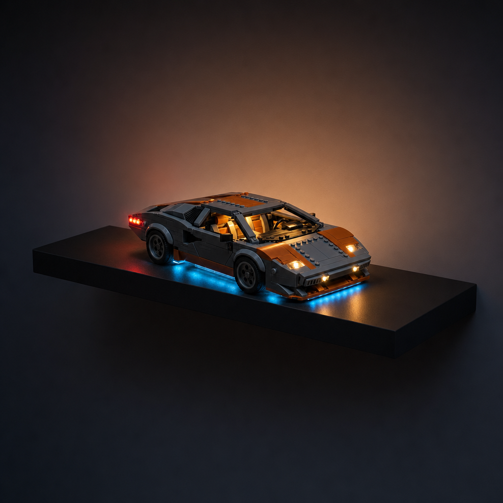 Displayed on a shelf at night — the car's own lights as the only light source
