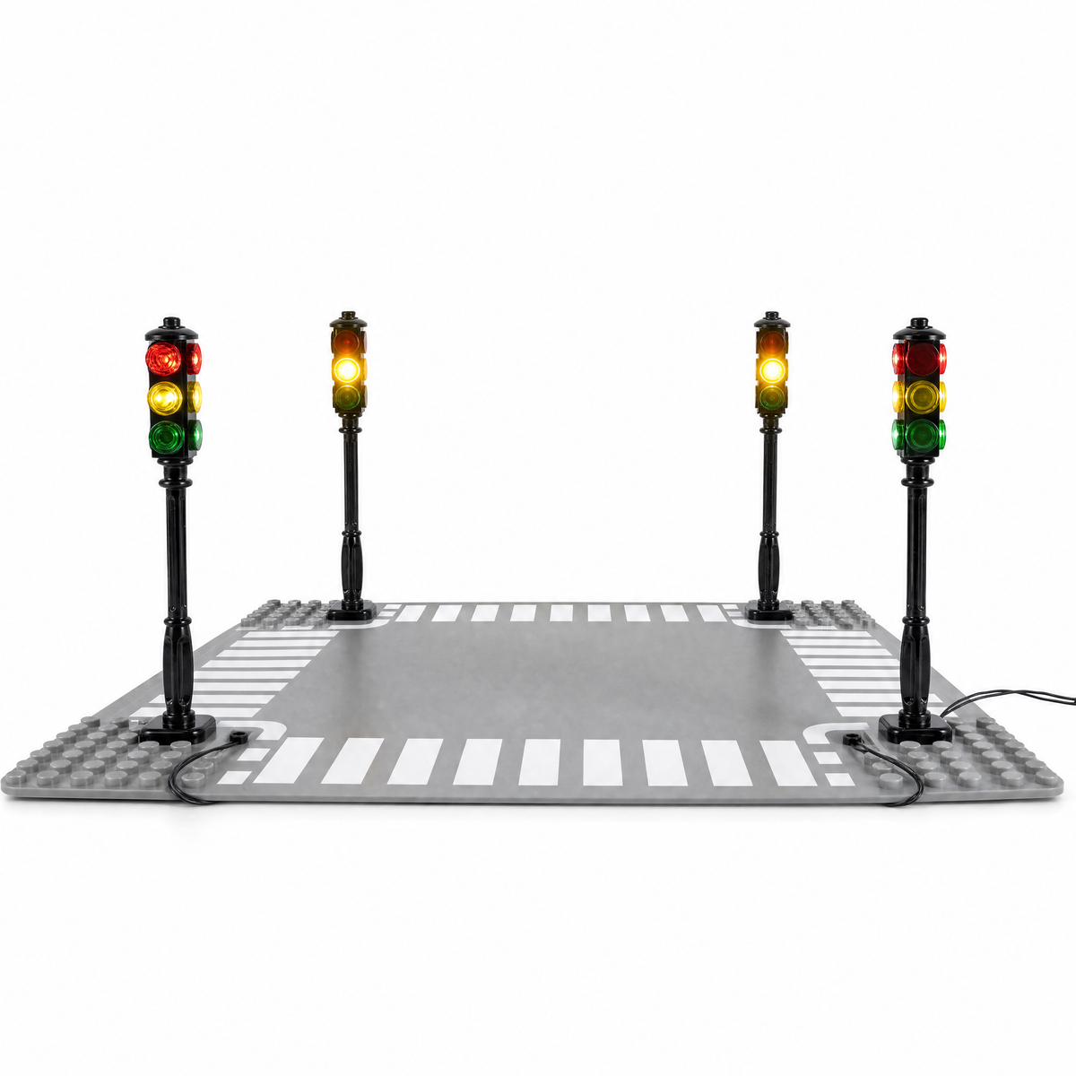 LEGO crosswalk with four traffic light posts