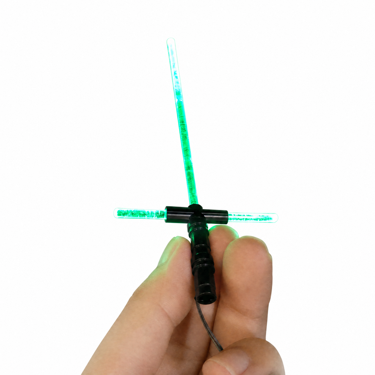 Green LED crossguard saber for LEGO in hand