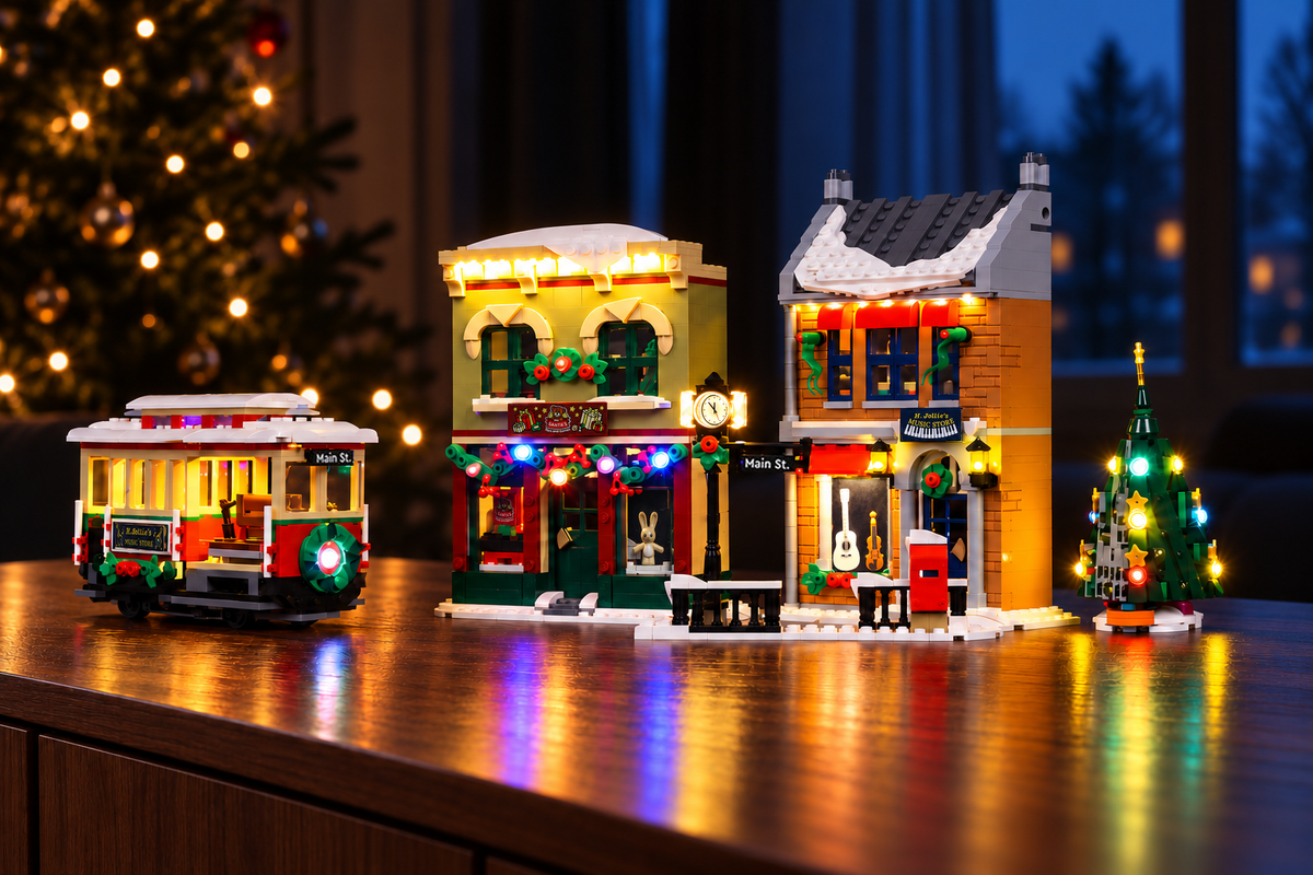LEGO® Holiday Main Street 10308 with Game of Bricks lights on in the Christmas room