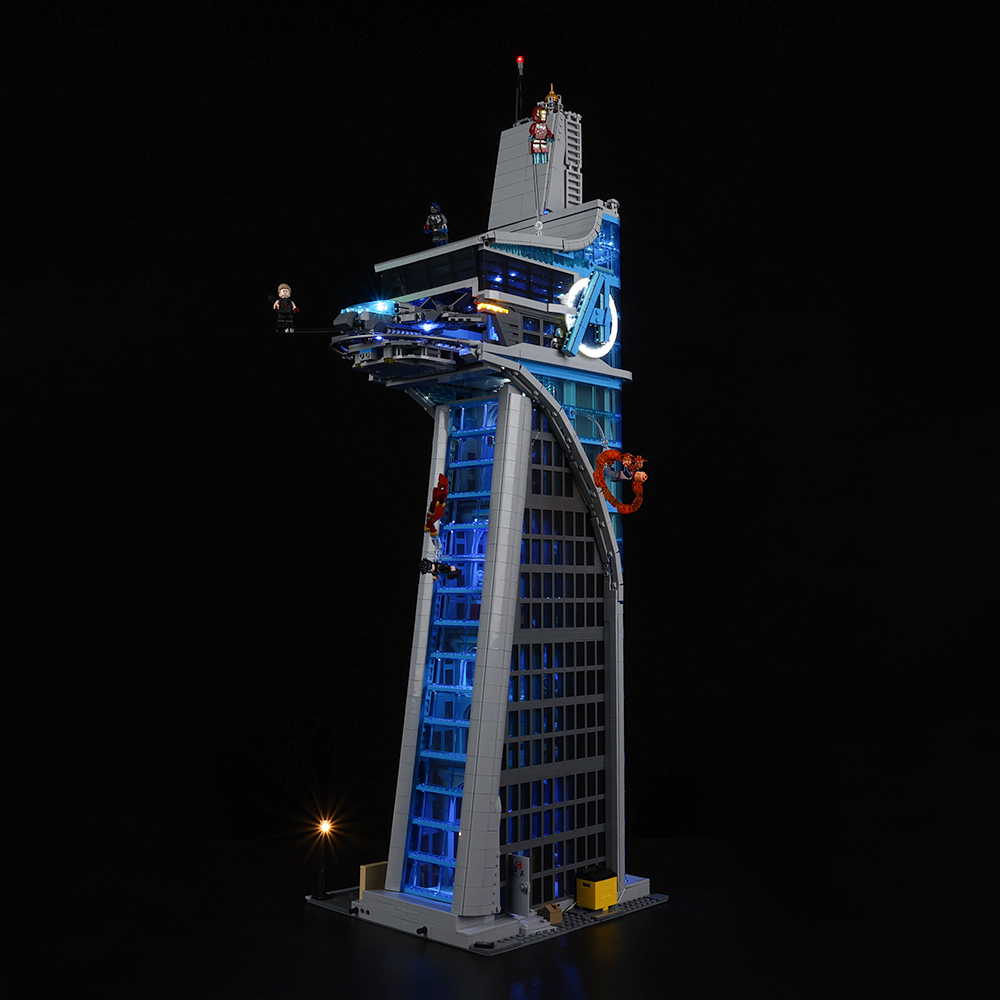 Light Kit for LEGO® Avengers Tower 76269 - side view showing warm interior and blue accents