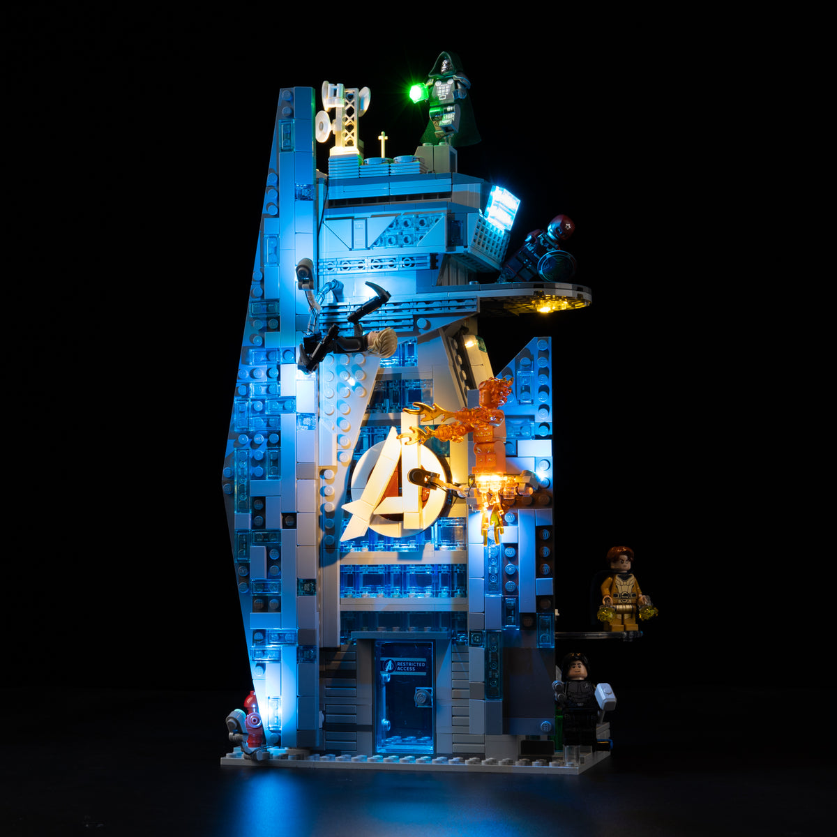 Lit Marvel character lineup with the Light Kit for LEGO® Avengers: Doomsday New Avengers Tower 76352