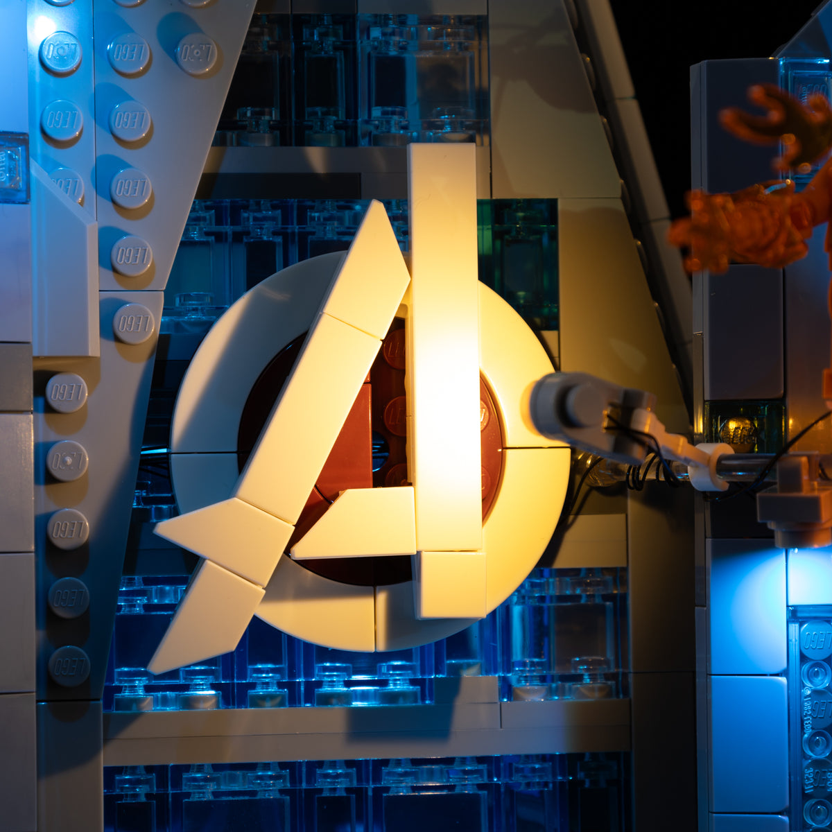 Illuminated Avengers emblem on the Light Kit for LEGO® Avengers: Doomsday New Avengers Tower 76352