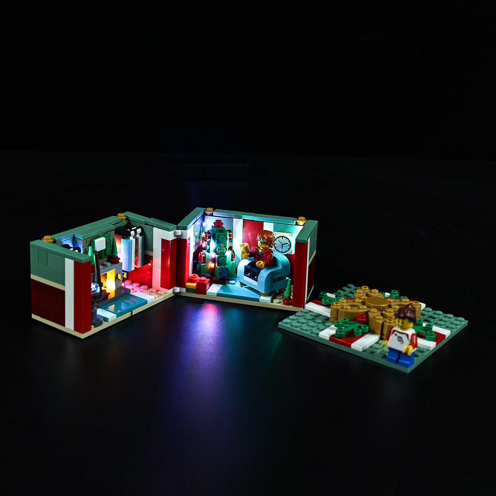 Light Kit for LEGO® Buildable Holiday Present 40292 - opened present with its lit rooms and detached lid