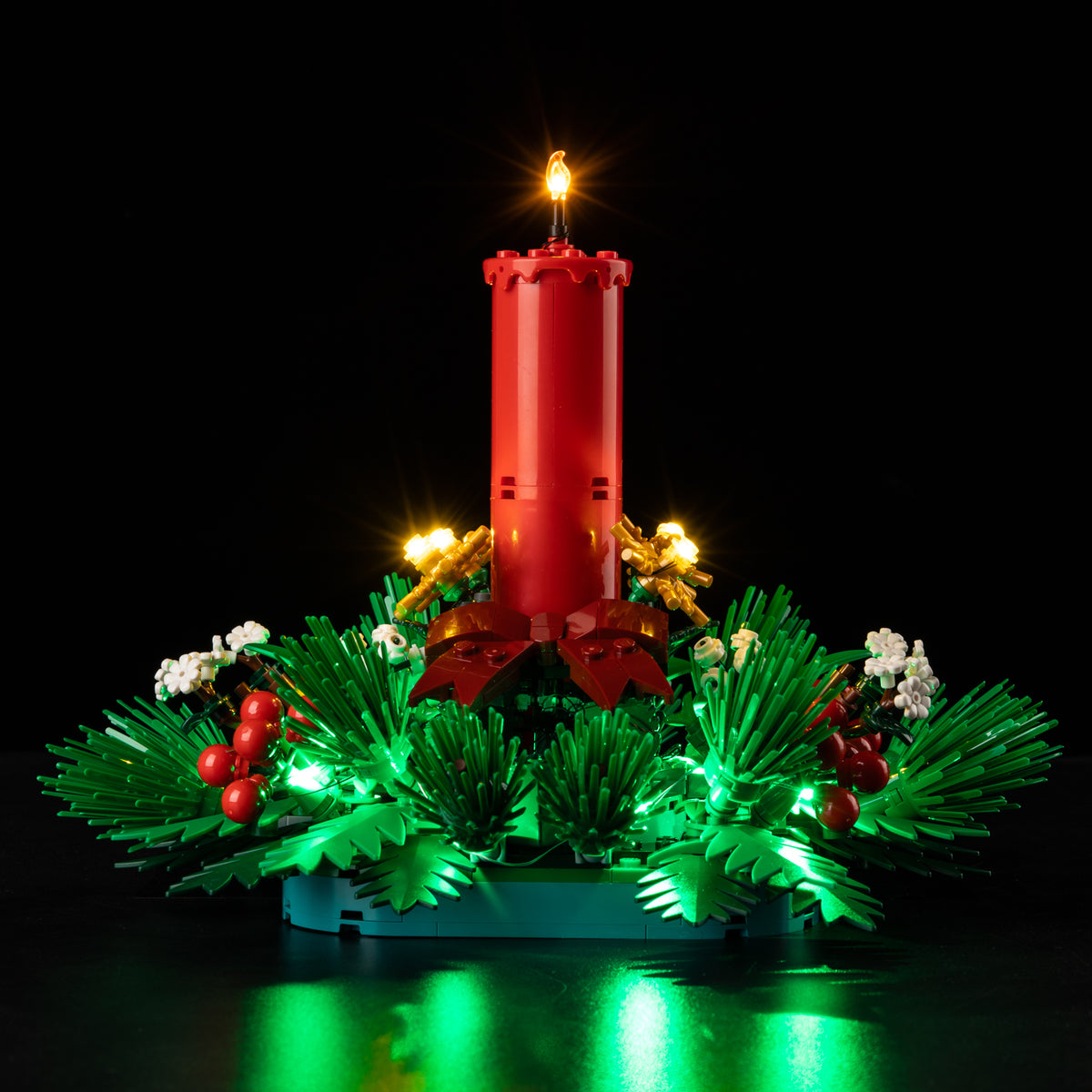 Actual table-level Shopify photograph of LEGO® Christmas Table Decoration with its real warm and green LED lights.