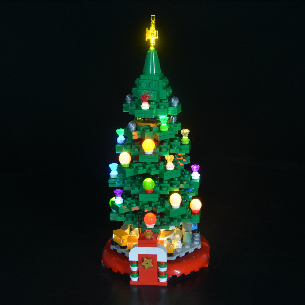 Light Kit for LEGO® Christmas Tree 40338 - angled view of the illuminated Christmas tree