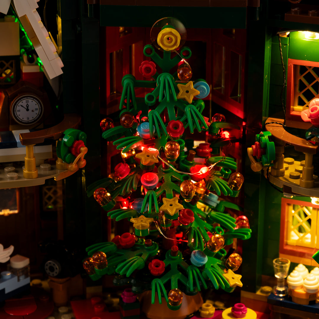 Illuminated Christmas tree inside the Light Kit for LEGO® Holiday House 11387