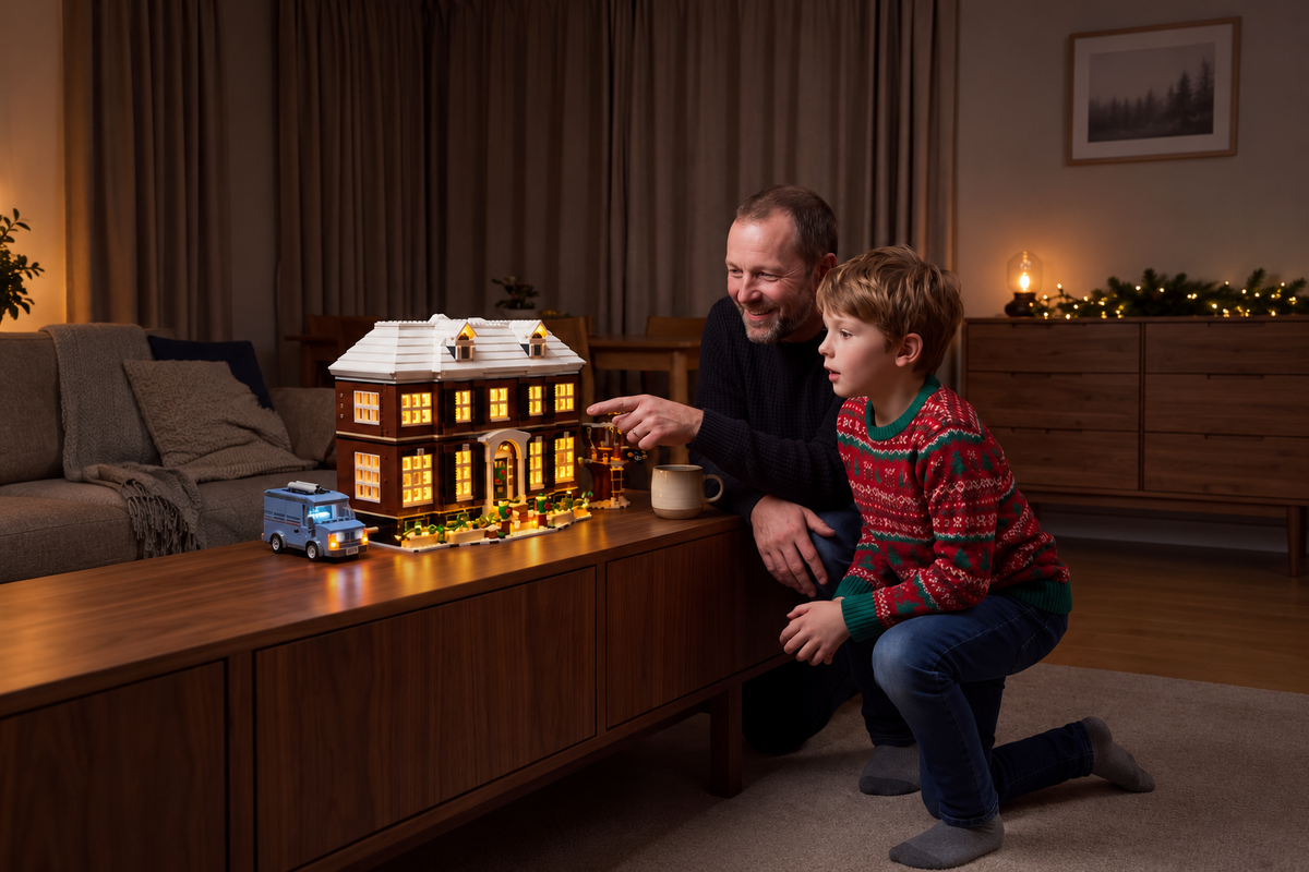An adult and child enjoying the LEGO® Home Alone 21330 house together at Christmas.