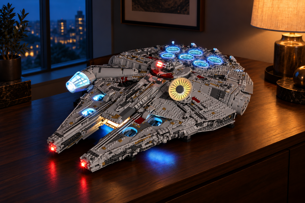LEGO® Millennium Falcon 75192 with Standard lighting on a display console in a study at blue hour, with a matched kit-lights-on and kit-lights-off view.