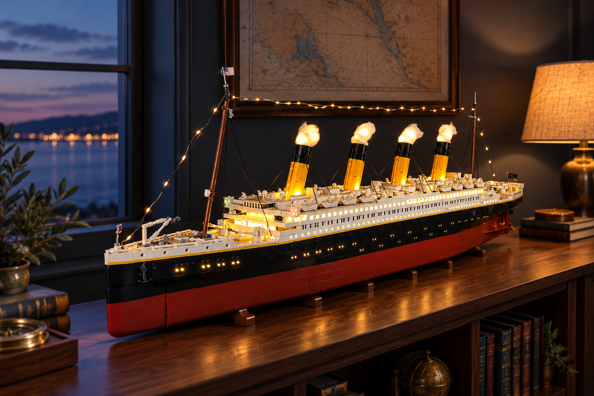 LEGO® Titanic 10294 with Enhanced lighting on a walnut console in a coastal study, with matching framing as the kit lights switch on and off.
