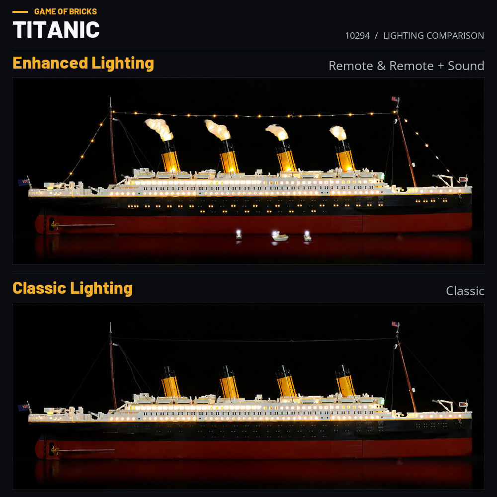 LEGO Titanic 10294 light kit comparison: enhanced lighting for Remote and Remote + Sound versions, and Classic lighting, shown from two angles.