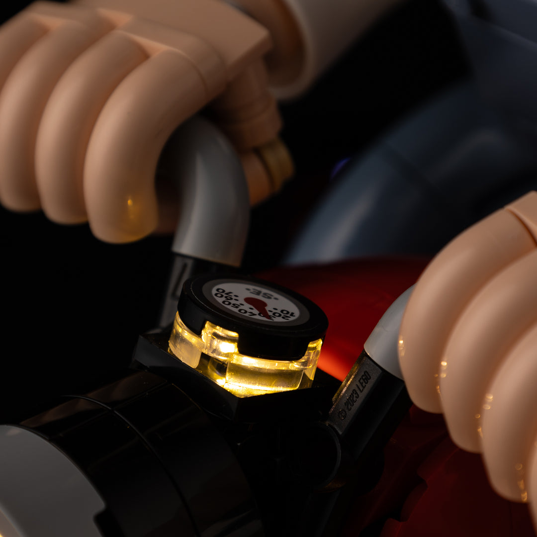 Golden-lit dashboard gauge on the Light Kit for LEGO® Wallace & Gromit 21371