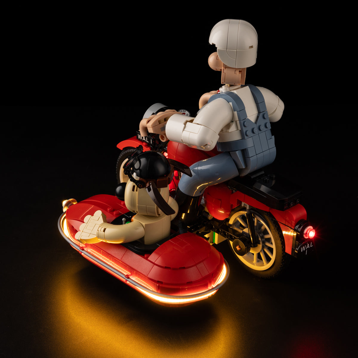 Actual rear view of the illuminated LEGO® Wallace & Gromit motorbike and sidecar, including the red taillight.