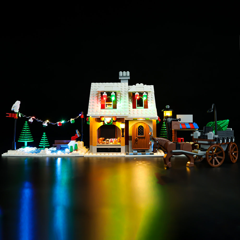Light Kit for LEGO® Winter Village Bakery 10216 - front view of the bakery, skating area and cart