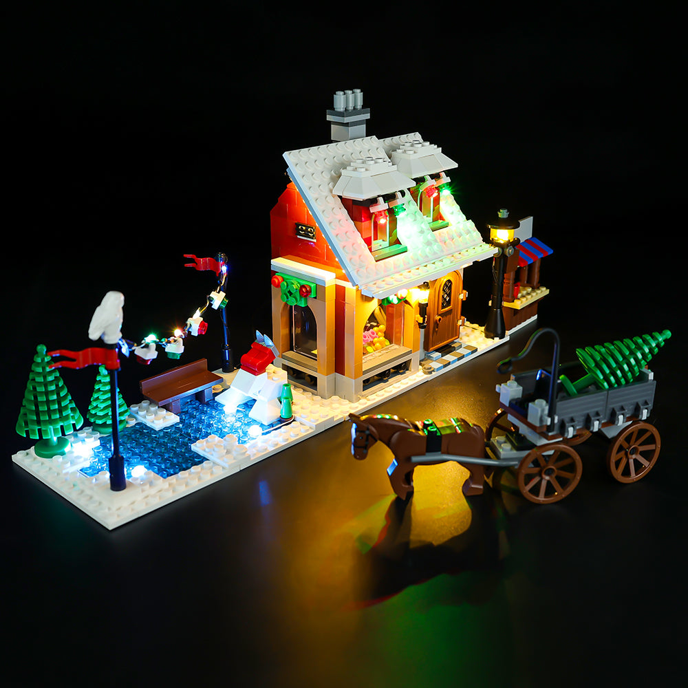 Light Kit for LEGO® Winter Village Bakery 10216 - elevated angled view of the bakery and cart