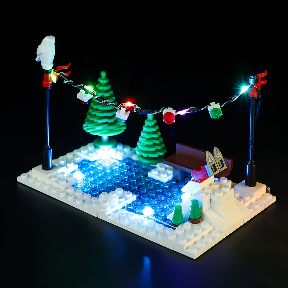 Light Kit for LEGO® Winter Village Bakery 10216 - close-up of the lit skating area