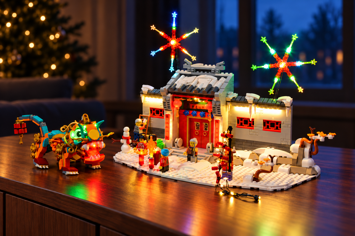 LEGO® Story of Nian 80106 with the Game of Bricks lighting on in a festive room; the Lights off view is an illustrative matched scene.
