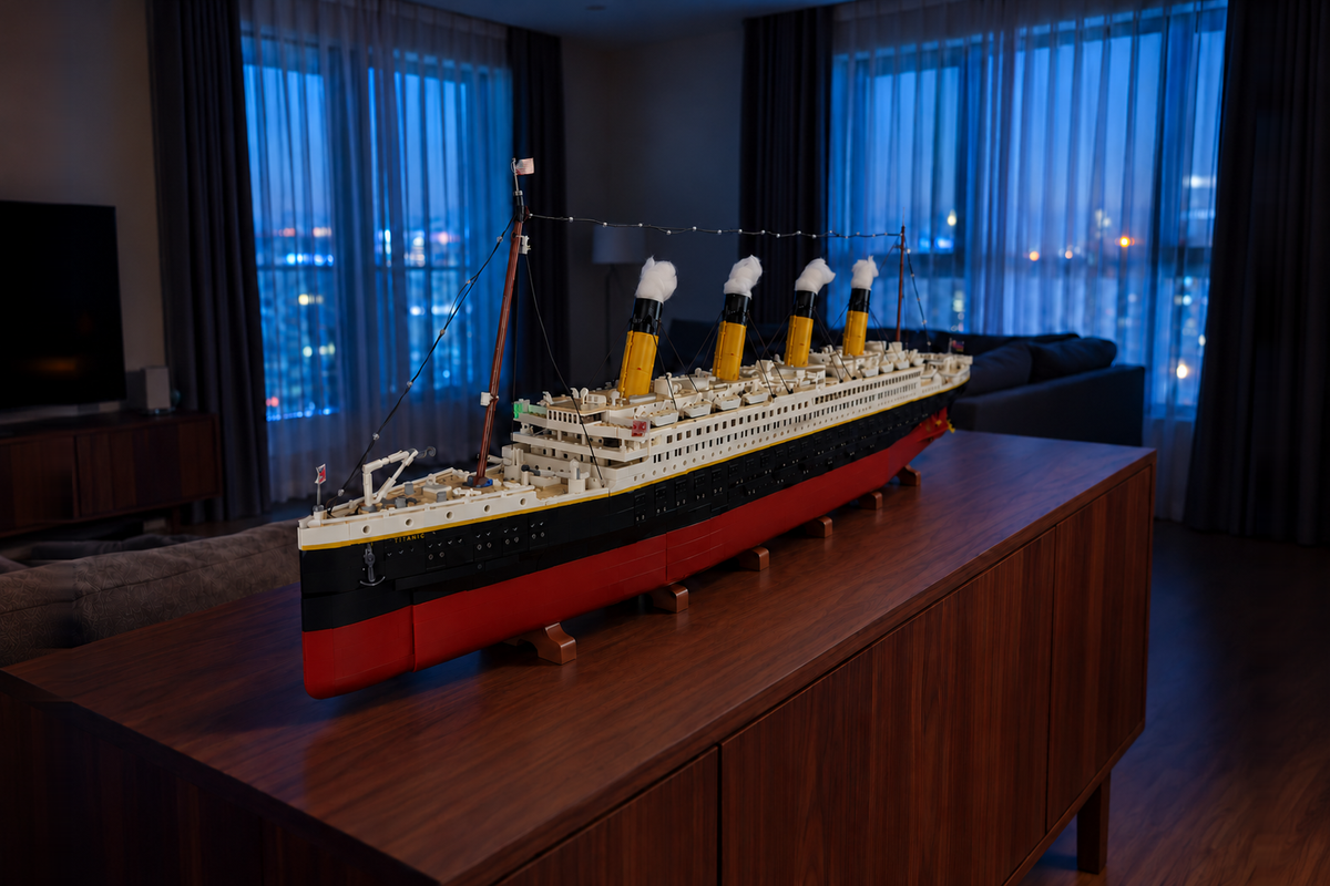 LEGO® Titanic 10294 with the Game of Bricks light kit switched off in the same room