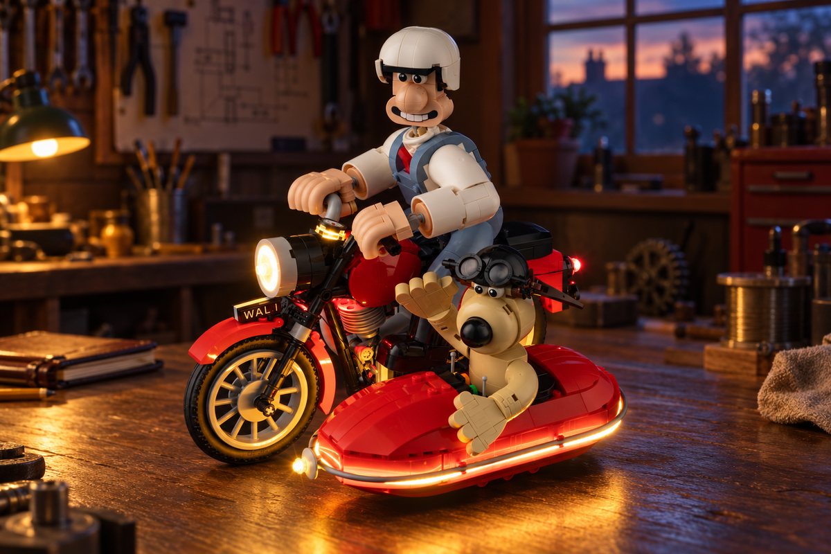The exact LEGO® Wallace & Gromit 21371 model with Game of Bricks lights in a softly dim inventor-style room, without real people.