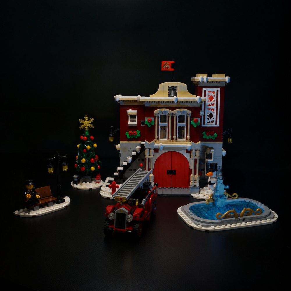 LEGO® Winter Village Fire Station 10263 with Game of Bricks Lights switched off, matching the main product photograph.