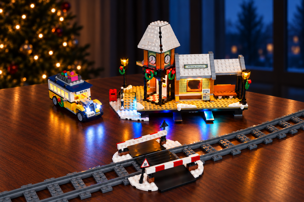 LEGO® Winter Village Station 10259 with Game of Bricks lights on in the Christmas room