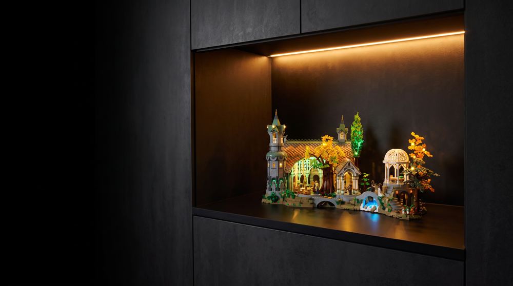 LEGO® Rivendell 10316 lit with a Game of Bricks light kit, in a wall niche