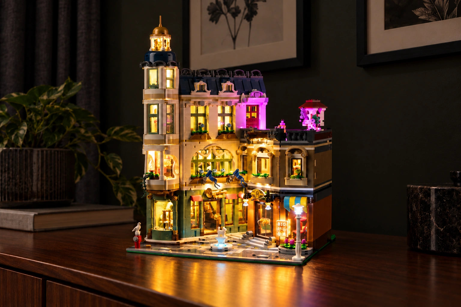 Light Kit for LEGO® Shopping Street 11371 — lights on in a home display
